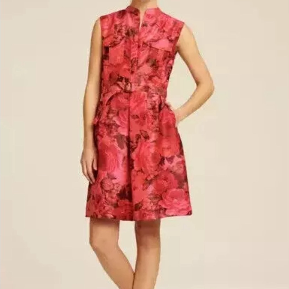 J. CREW “Bonnie" Taffeta Sleeveless Dress Pink Red Rose Floral‎ Sz 0